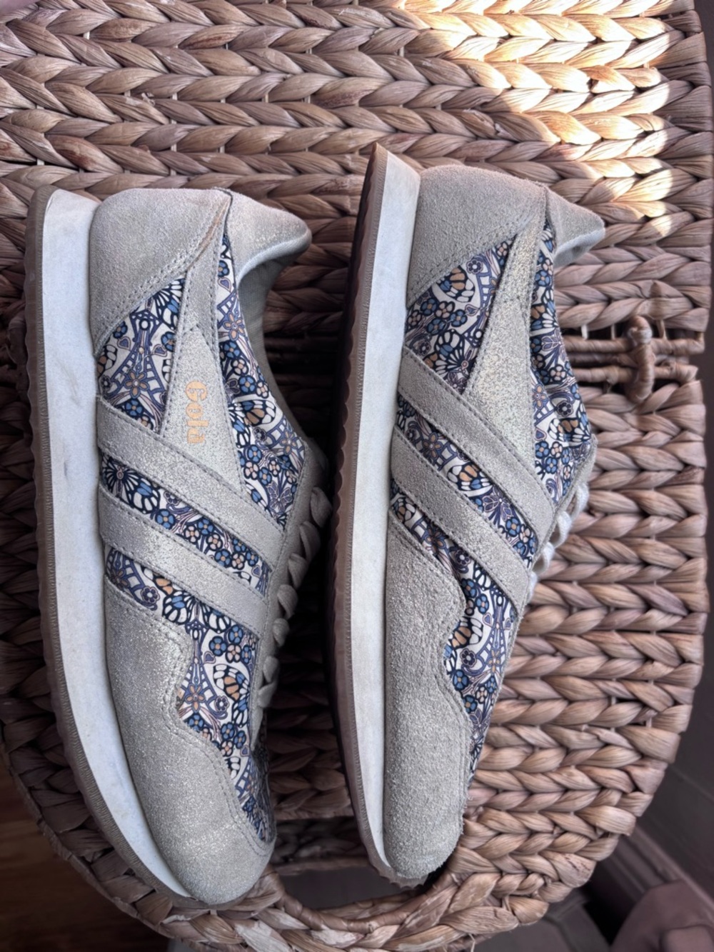 Gola Women's Beige Suede Sneakers with Blue Floral Panels Liberty